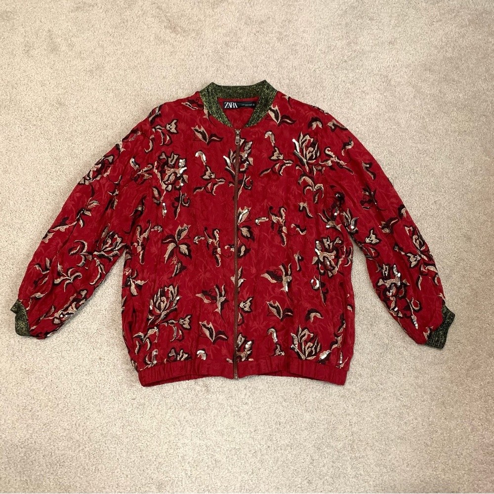 ZARA Embroidered Sequin Dark Red Bomber Jacket Women’s Size Medium